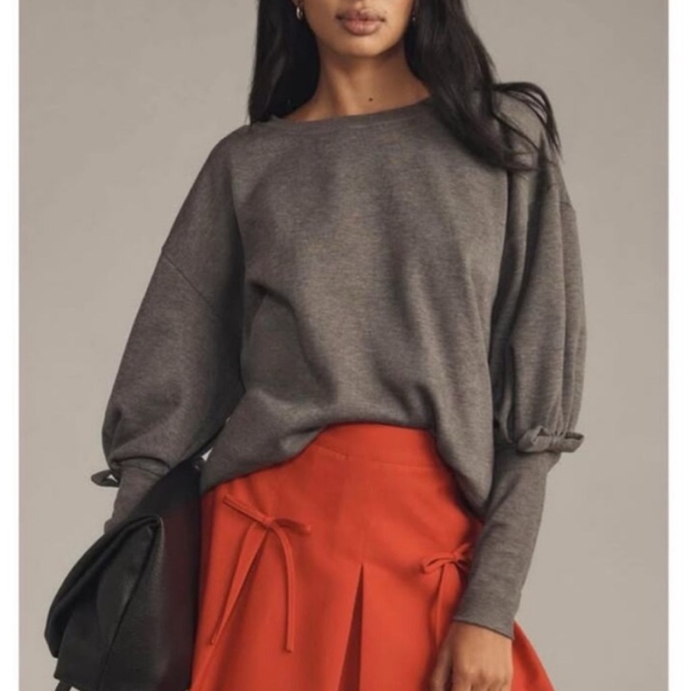 Anthropologie Maeve puff sleeve bow sweatshirt XXS Relaxed fit Gray Coquette